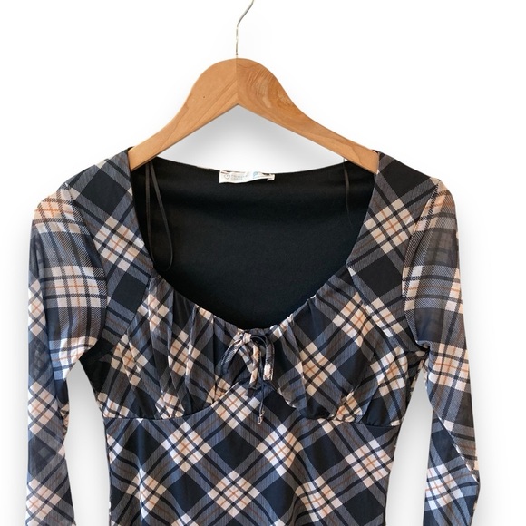 Primark Y2K Plaid Bodycon Mesh Mini Dress Empire Waist Flare Sleeves Size 4 - Picture 5 of 11